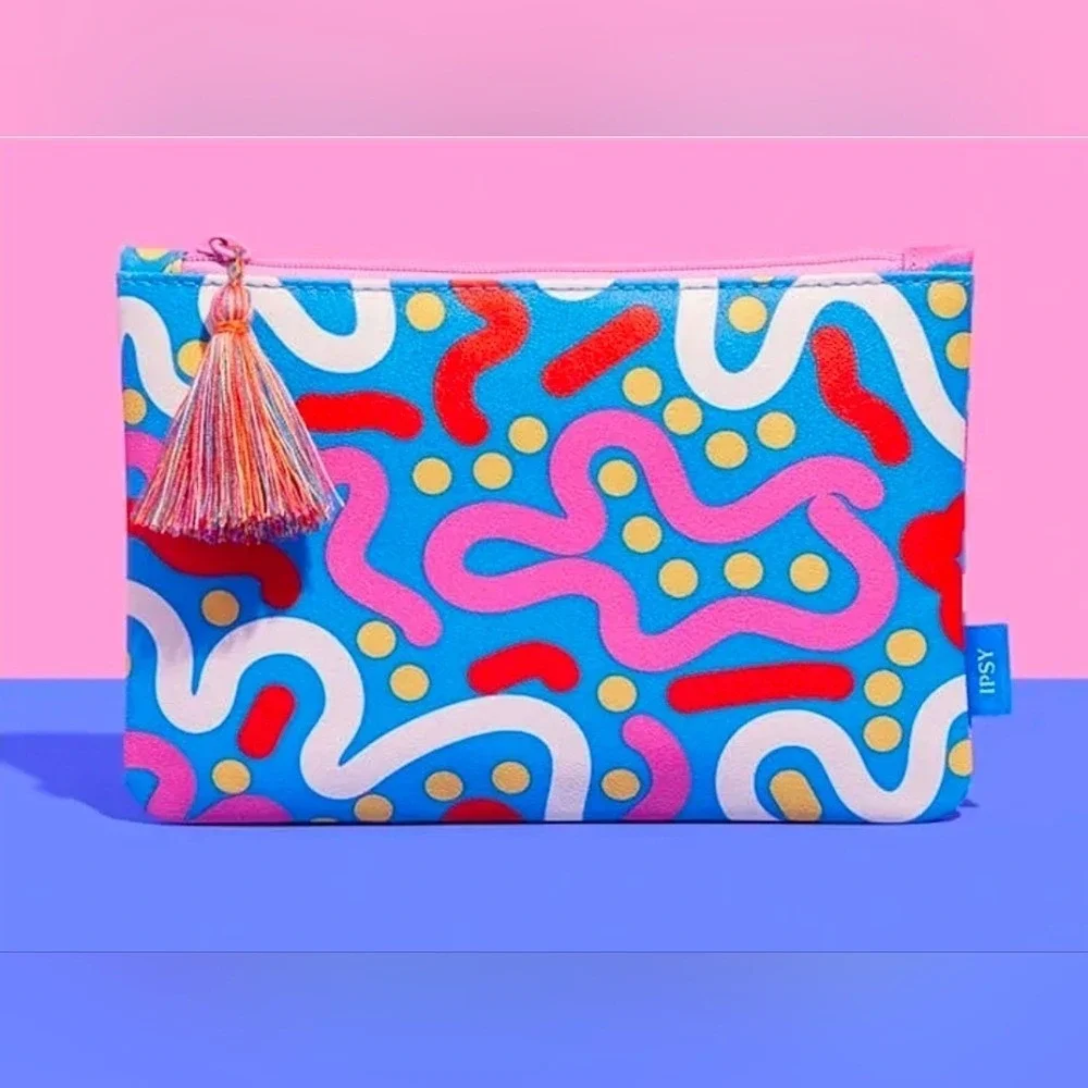 Ipsy Makeup Bag Women Small Blue Pink 80s‎ Memphis Squiggle Tassel Pouch